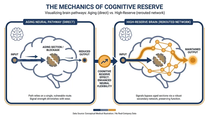 Cognitive reserve allows the brain to recruit alternative neural pathways to maintain performance when primary networks decline.