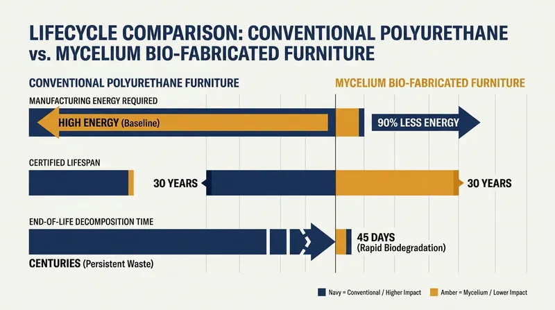 Comparing the environmental footprint of conventional plastics against bio-fabricated mycelium.