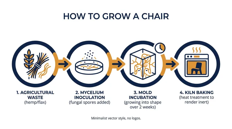 The four-step process of bio-fabricating a mycelium composite.