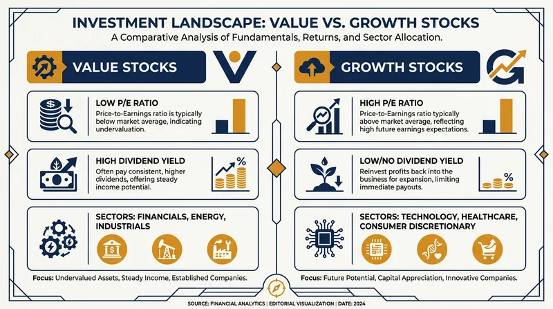 The fundamental differences between value and growth investment strategies.