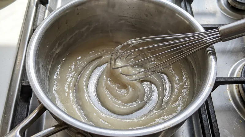 A finished tangzhong paste should be thick enough that a whisk leaves distinct trails in the pan.