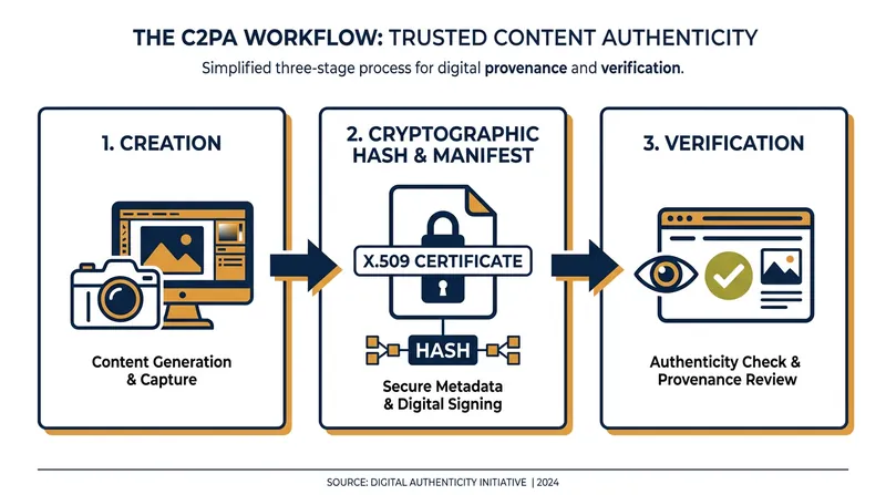 C2PA binds a tamper-evident cryptographic manifest to media files at the point of creation.