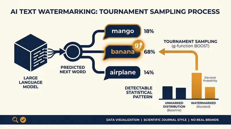 SynthID Text uses tournament sampling to subtly bias word selection, creating a statistically detectable watermark.