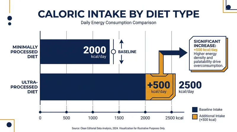 In a landmark NIH trial, participants ate 500 more calories per day on an ultra-processed diet, despite the meals having identical macronutrients to the whole-food diet.