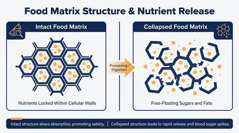 Industrial processing dismantles the cellular walls of food, leaving nutrients 'acellular' and ready for rapid absorption.