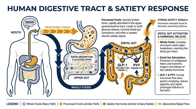 Whole foods travel further down the digestive tract, triggering the release of natural appetite-suppressing hormones.