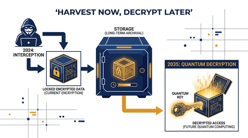 The 'Harvest Now, Decrypt Later' threat model drives the urgency to deploy quantum-resistant encryption today.