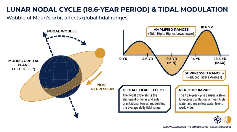 The moon's orbital wobble operates on an 18.6-year cycle, currently shifting into a phase that amplifies extreme tides.