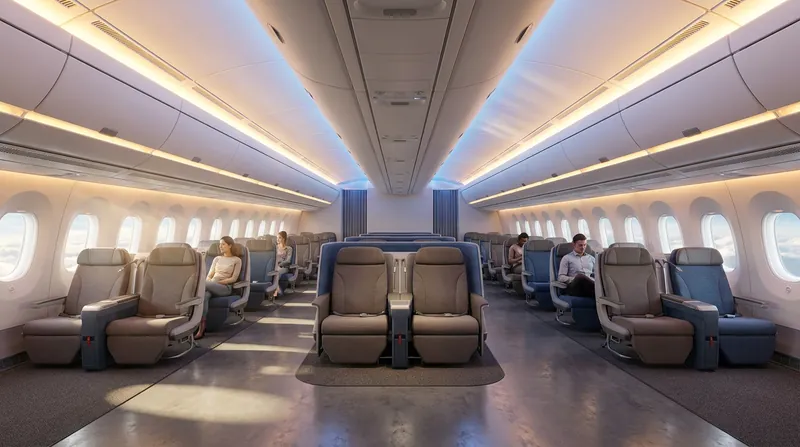 The flattened fuselage allows for a wider, theater-style cabin with multiple aisles and faster boarding times.