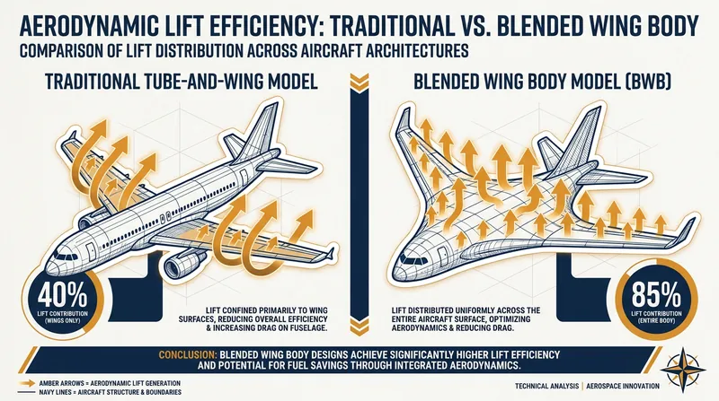 Unlike traditional planes where the fuselage is dead weight, the entire body of a BWB aircraft generates lift.