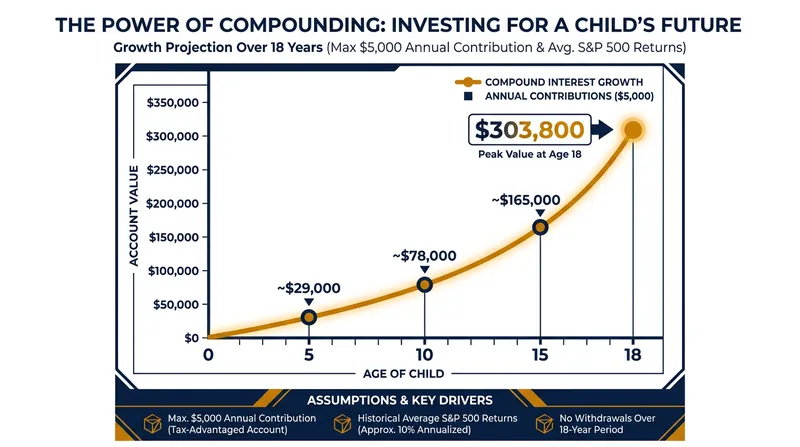 White House estimates project a fully funded account could exceed $300,000 by the beneficiary's 18th birthday.
