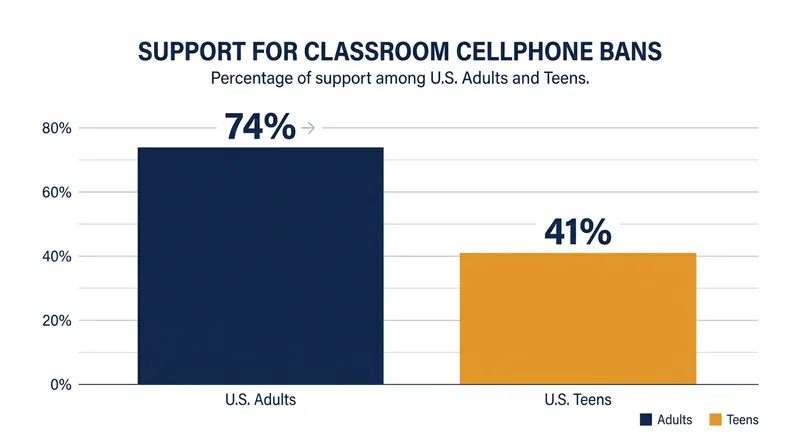 While a majority of adults support classroom phone bans, teenagers remain divided on the issue.