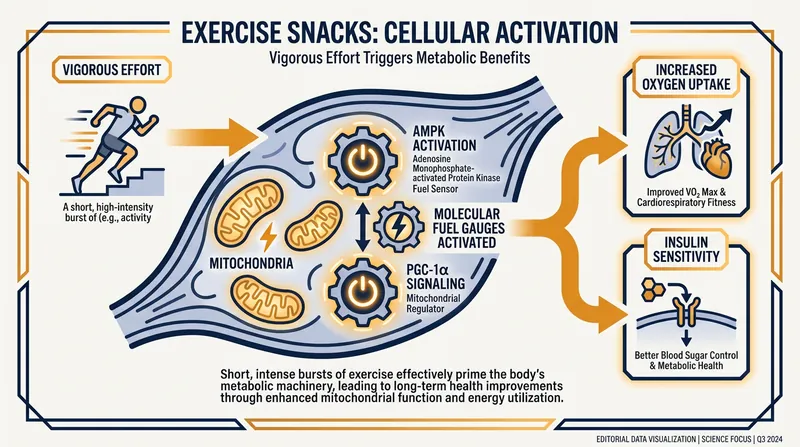 Short bursts of intense effort rapidly deplete cellular energy, triggering metabolic adaptations similar to endurance training.
