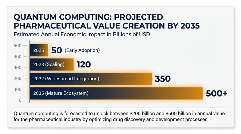 Quantum computing is projected to unlock up to $500 billion in value for pharmaceutical research by 2035.