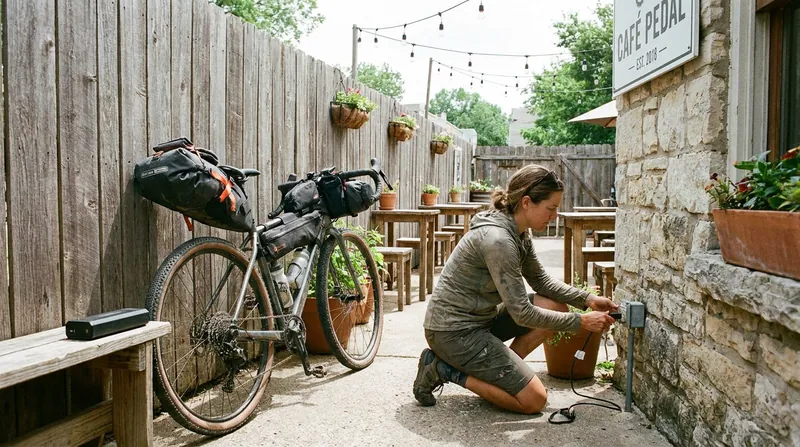Route planning for e-bikepacking requires mapping out charging stops at cafes, pubs, or established campsites.