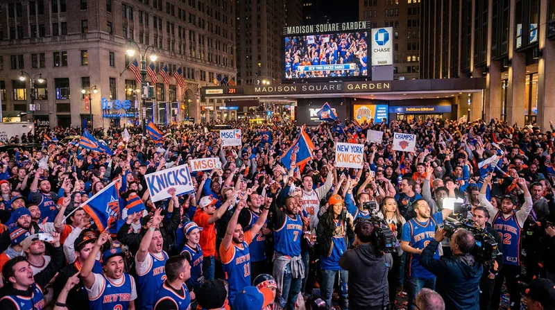Thousands of Knicks fans flooded the streets outside Madison Square Garden to celebrate the historic win.