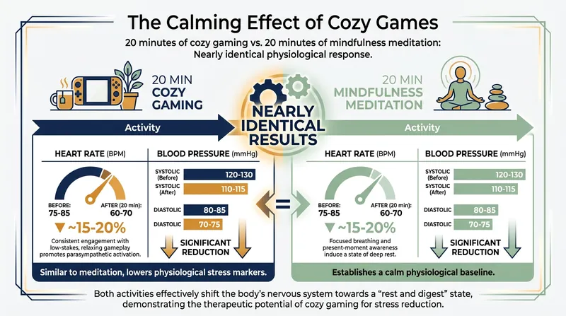 Clinical research indicates that short sessions of low-stakes gaming can produce physiological calming effects similar to meditation.