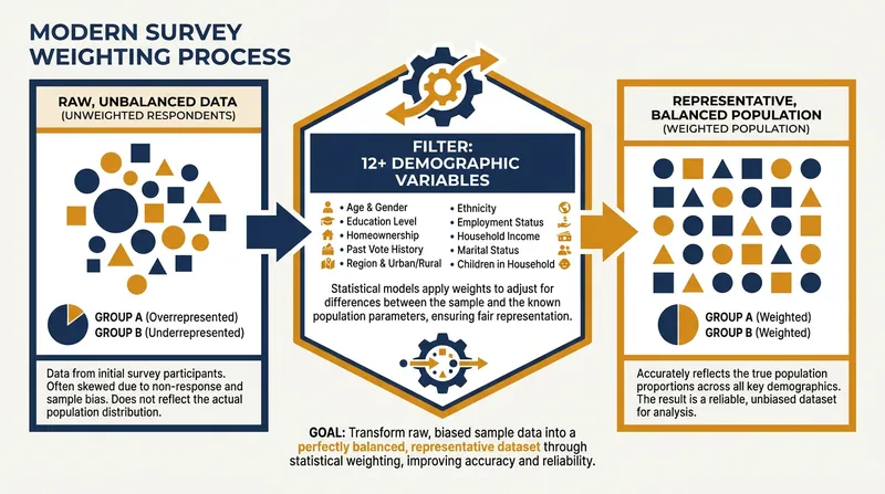 Modern statistical weighting adjusts raw survey data across dozens of variables to perfectly mirror the actual population.