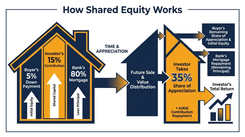Investors provide upfront capital in exchange for a percentage of the home's future appreciation.