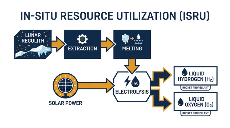 Through electrolysis, lunar water can be split into hydrogen and oxygen to create high-performance rocket fuel.