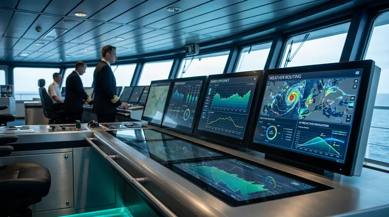 Modern ship bridges utilize predictive AI to optimize routing and minimize energy consumption.