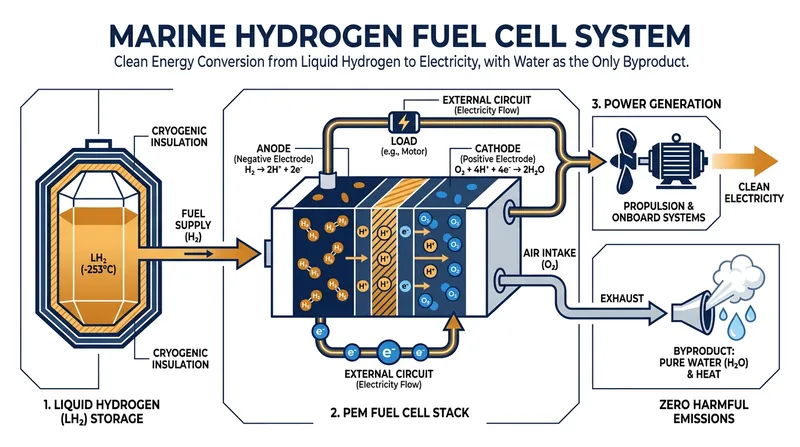 Hydrogen fuel cells generate electricity through a chemical reaction, producing only pure water and heat as byproducts.