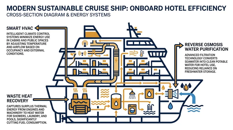 Hotel operations account for up to half of a ship's energy use, driving a push for smart HVAC and waste heat recovery.