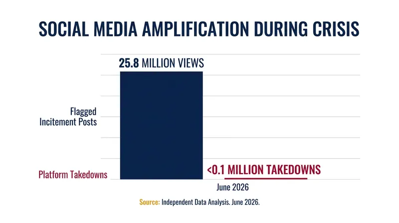 The disparity between flagged hate speech and platform takedowns during the unrest.