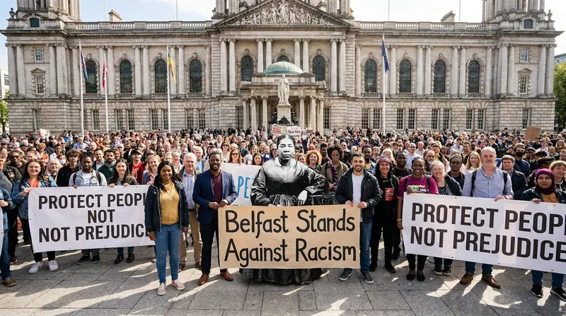 Thousands gathered at Belfast City Hall to protest against the racially motivated violence.