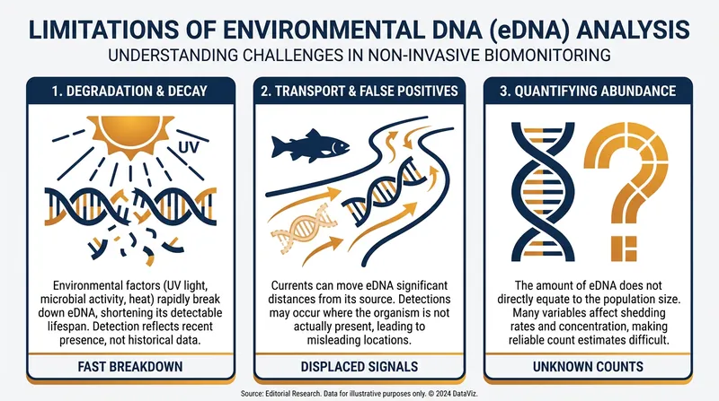 While powerful, eDNA faces challenges regarding environmental degradation, water transport, and abundance tracking.