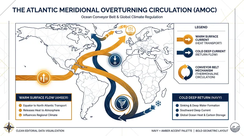 The AMOC transports warm water north, where it cools, sinks, and flows back south—a cycle driven by temperature and salinity.