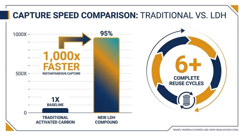 LDH materials drastically outperform conventional activated carbon in both speed and reusability.