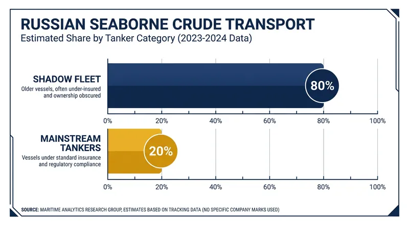 The shadow fleet now transports the vast majority of Russia's seaborne crude oil exports.