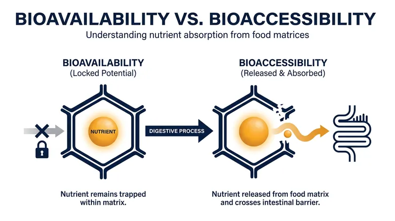 Bioavailability is what a food contains; bioaccessibility is what the body can actually extract.