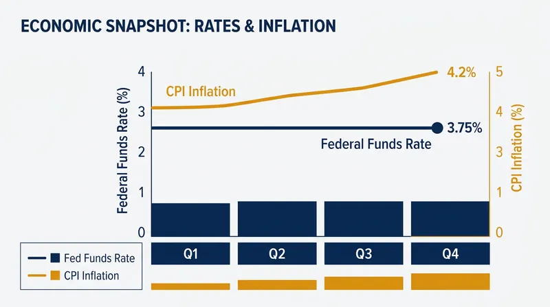 Sticky inflation at 4.2% has forced the Federal Reserve to maintain elevated interest rates through mid-2026.