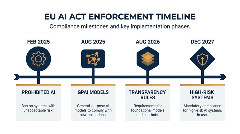 The phased implementation of the EU AI Act, updated to reflect the Digital Omnibus delays.