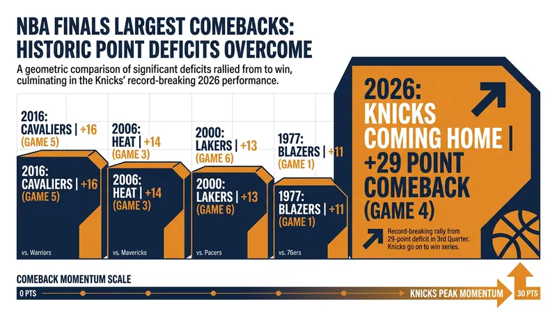 The Knicks' 29-point comeback in Game 4 set a new record for the largest deficit erased in NBA Finals history.