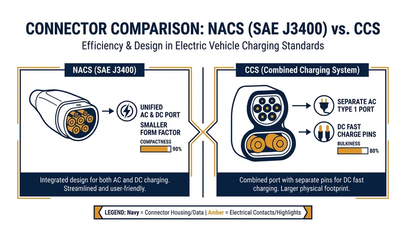 The NACS connector combines AC and DC charging into a single, compact interface.