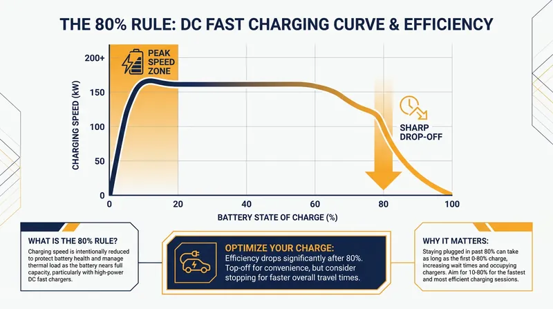 The DC fast charging curve dictates that charging from 10% to 80% is significantly faster than waiting for the final 20%.