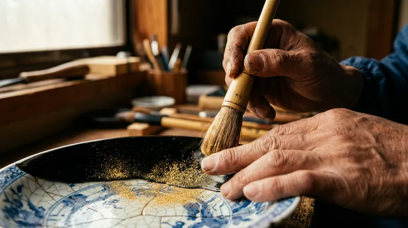 An artisan carefully applies powdered gold to the cured urushi lacquer, completing the golden joinery.