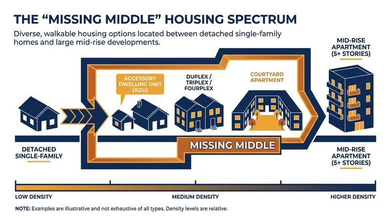 Missing Middle housing bridges the gap between single-family homes and dense apartment blocks.