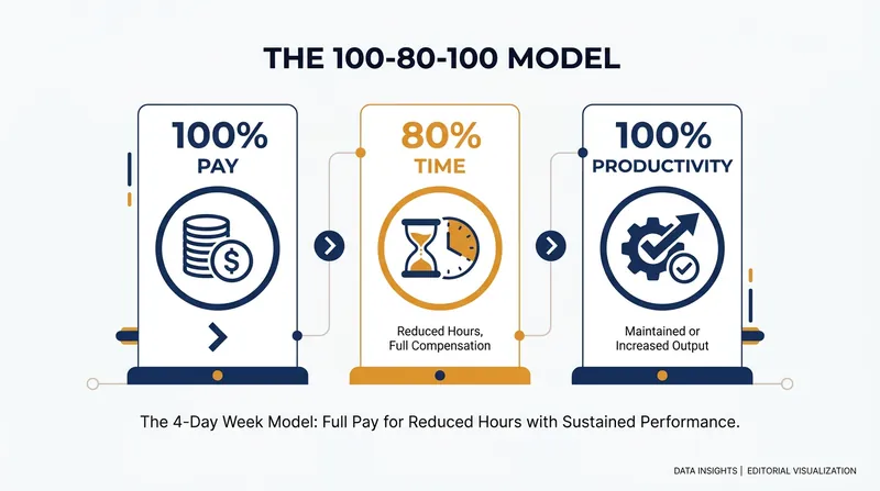 The 100-80-100 model ensures employees retain full compensation while working fewer hours, provided output remains steady.