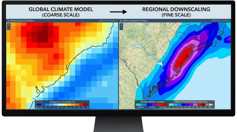 The AI's downscaling capability can increase the resolution of global climate data by up to 12 times.