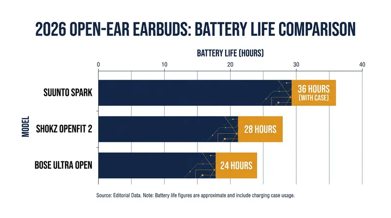 Total playback time (including charging case) for leading 2026 air conduction models.