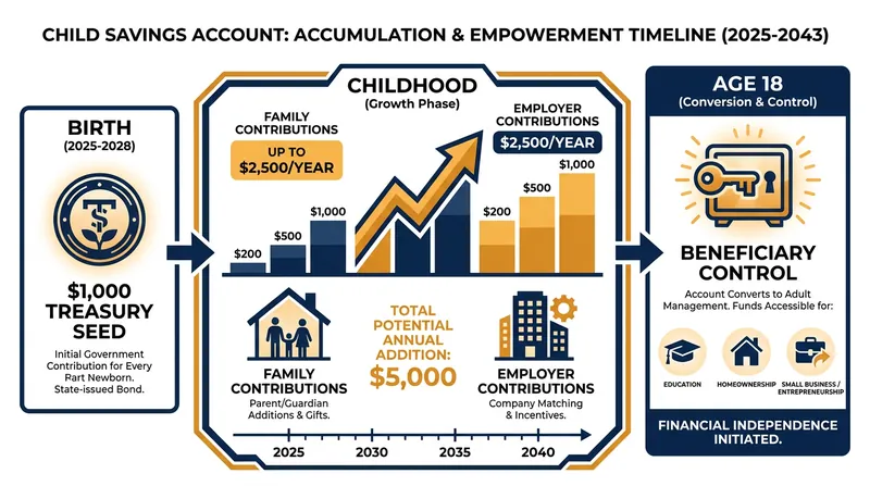 The lifecycle of a Child Savings Account, from the initial government seed to the transfer of control at adulthood.