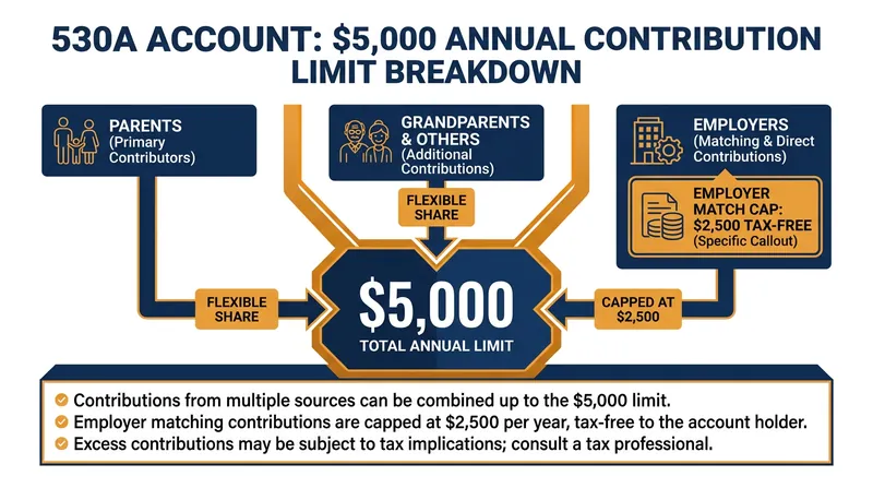 Multiple parties, including employers, can contribute to the $5,000 annual limit.