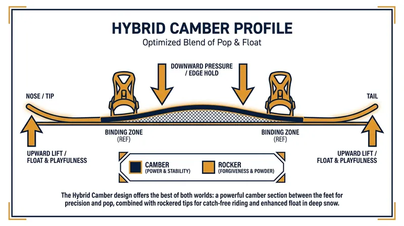Hybrid profiles blend the grip of camber between the feet with the float of rocker at the tips.