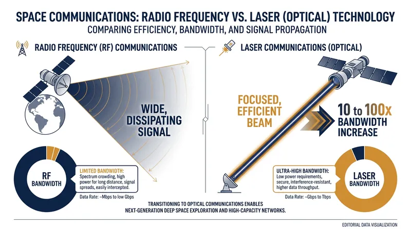 Lasers provide a 10 to 100 times increase in bandwidth compared to traditional radio frequency systems.