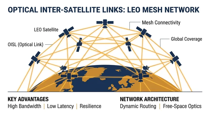 Commercial satellites use Optical Inter-Satellite Links to route data across the globe without touching the ground.