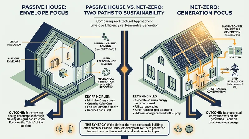 Passive House focuses on reducing demand through the envelope; Net-Zero focuses on balancing demand with renewable generation.